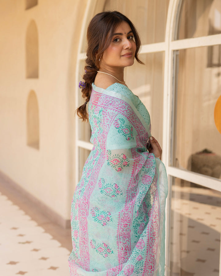 Kamalini Sea Green Doria Printed Saree