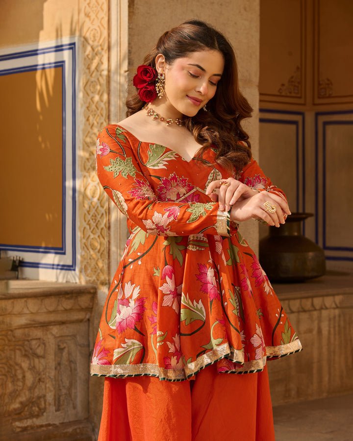 Mehar Orange Printed Chanderi Suit Set