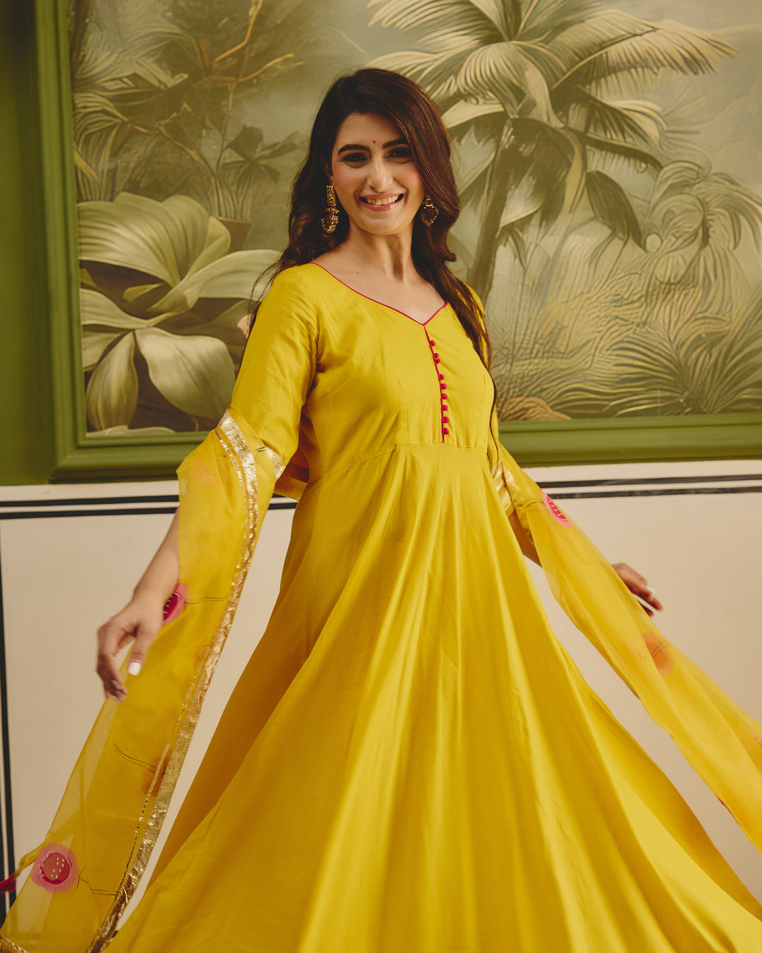 Yellow Organza Handpainted Suit Set