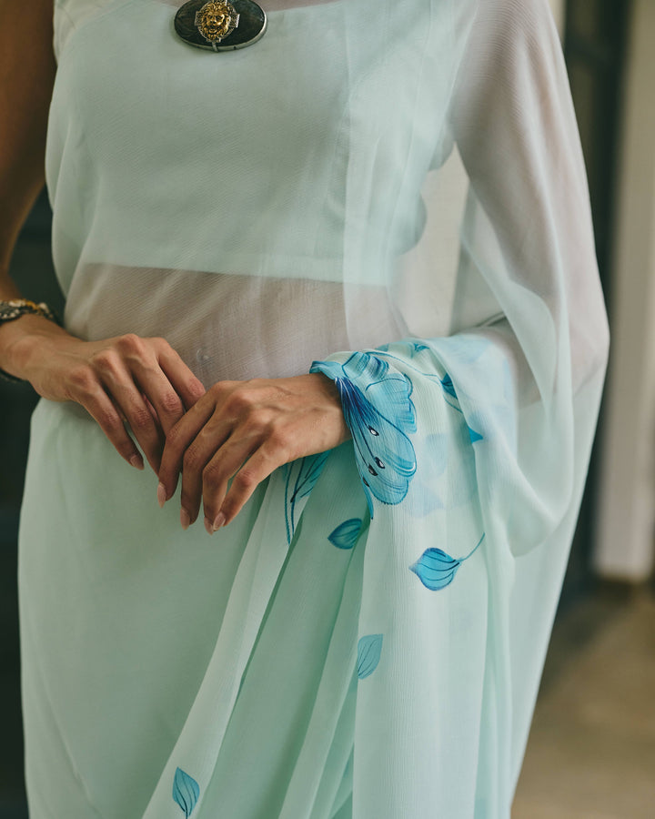 Lily Sea Green Handpainted Chiffon Saree