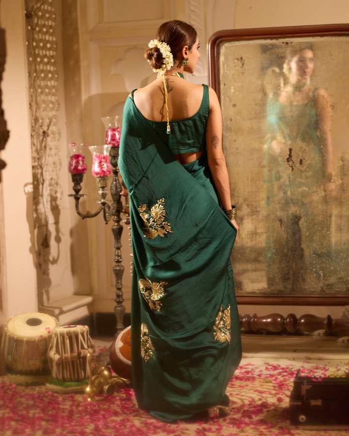 Yaadgaar Green Handcrafted Satin Saree