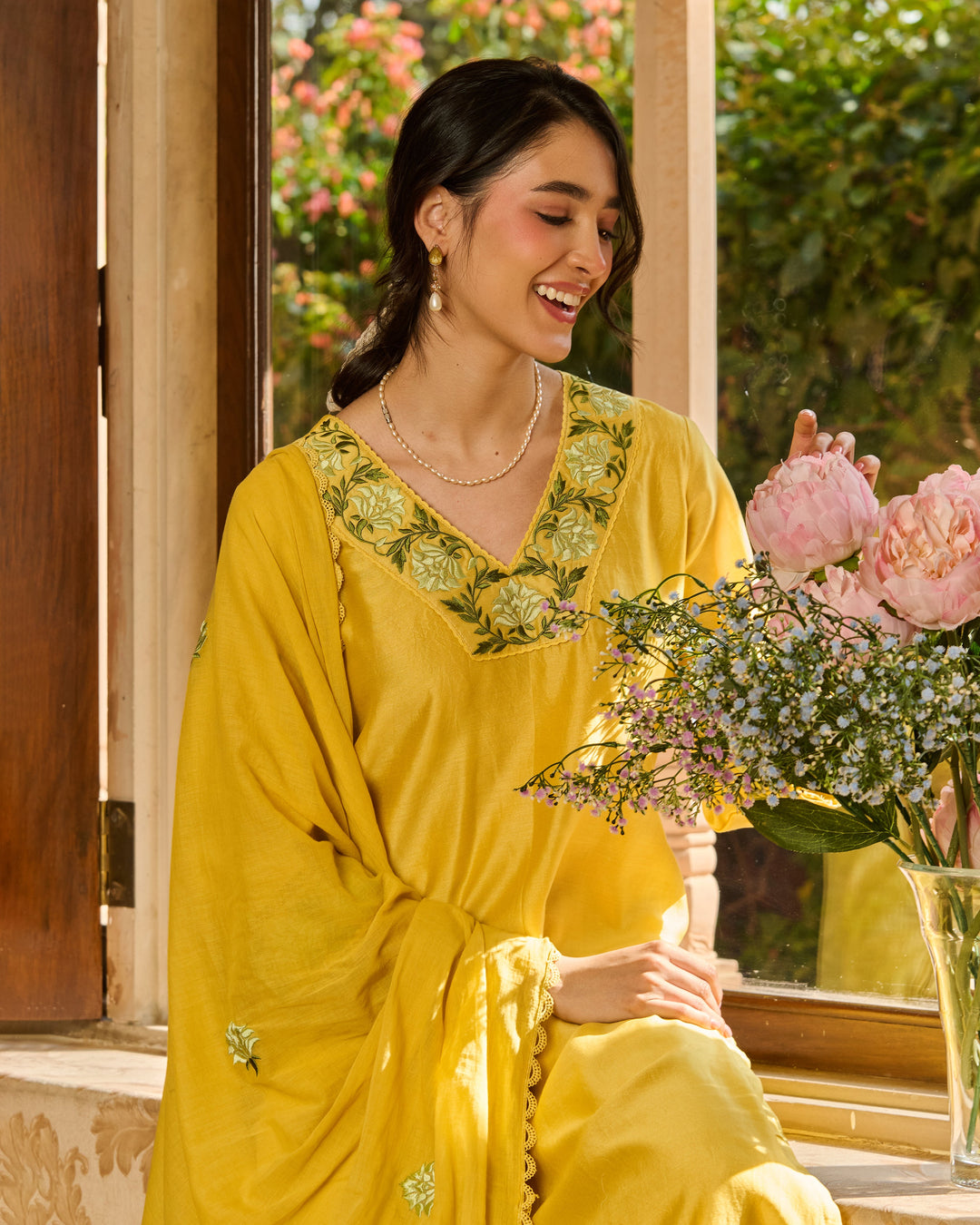 Limo Yellow Embroidered Chanderi Suit Set