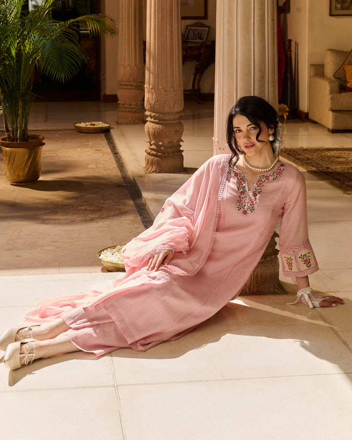 Reni Pink Embroidered Chanderi Suit Set