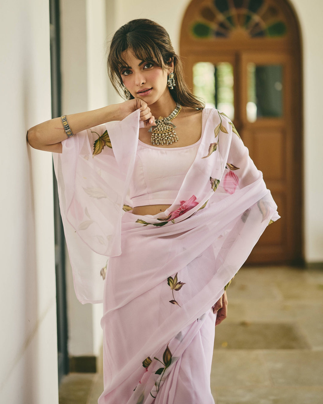 Vine Pink Handpainted Chiffon Saree