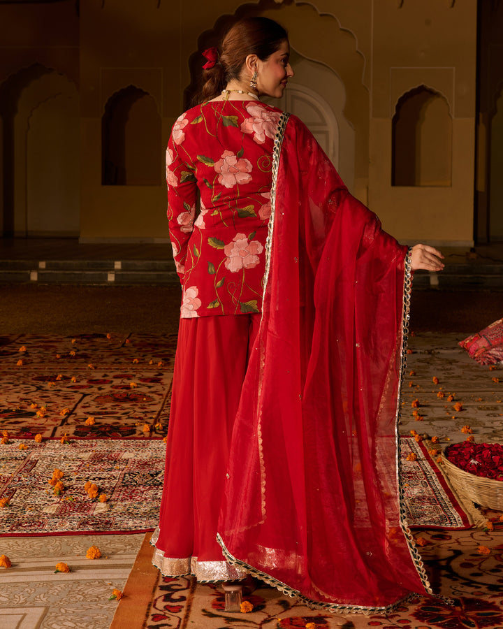 Azmat Maroon Printed Viscose Organza Suit Set