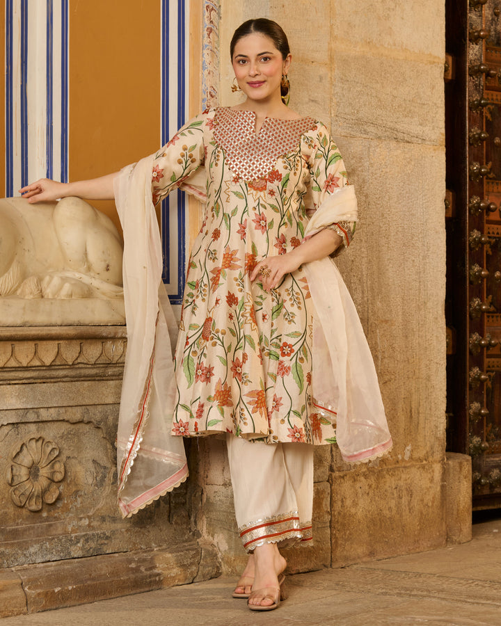 Kora Cream Printed Chanderi Suit Set