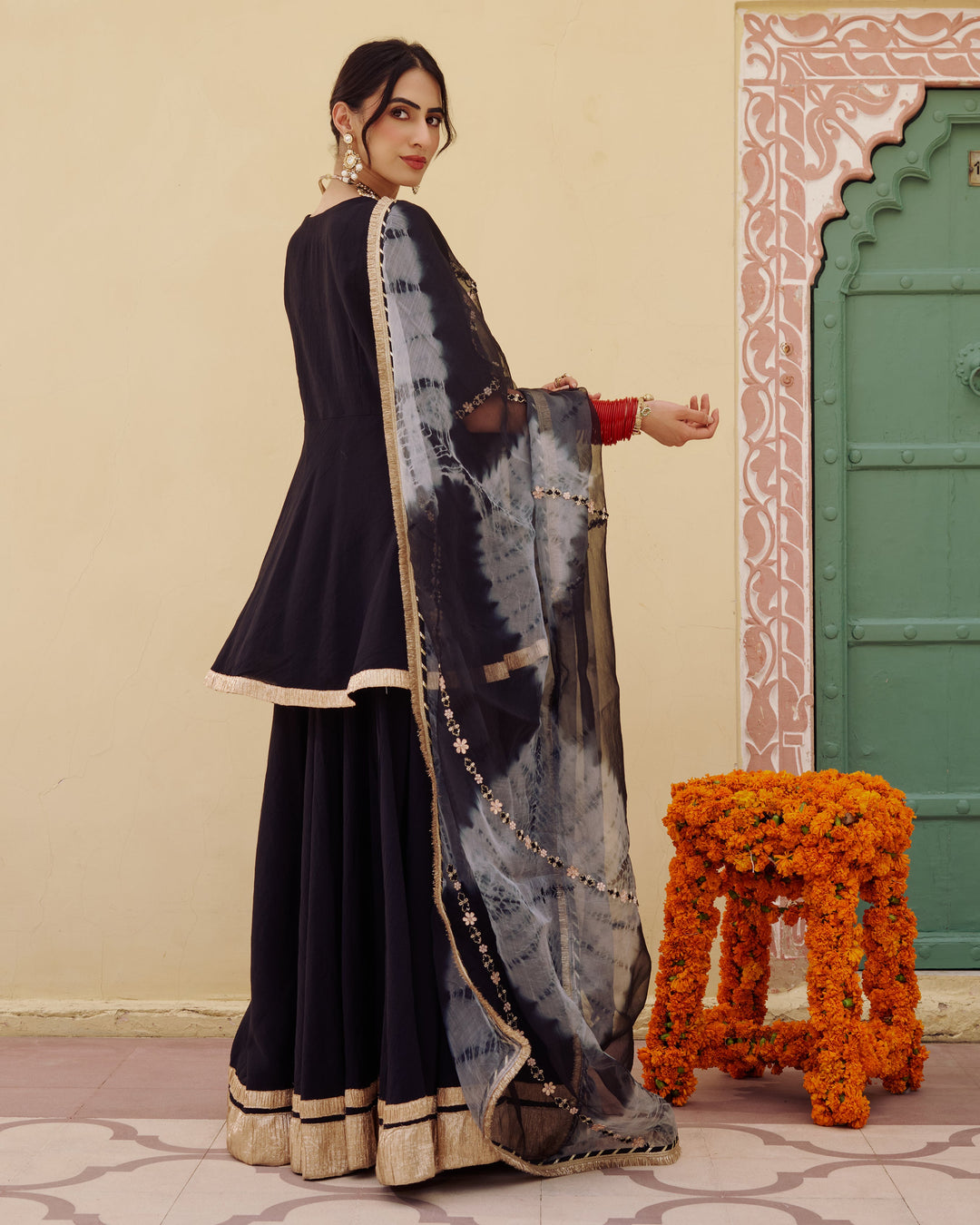 Indu Black Embroidered Chanderi Suit Set