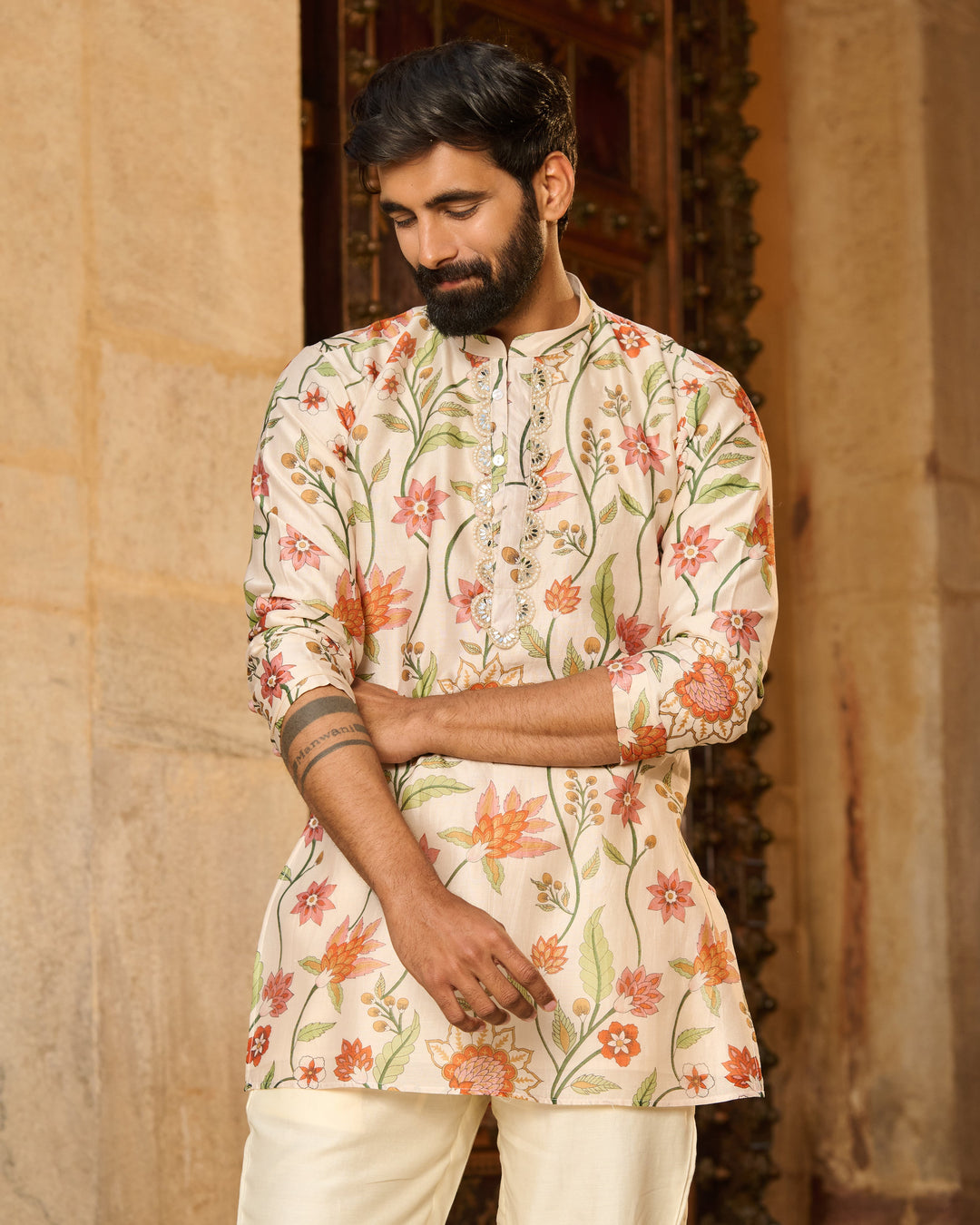 Atharv Ivory Printed Chanderi Kurta