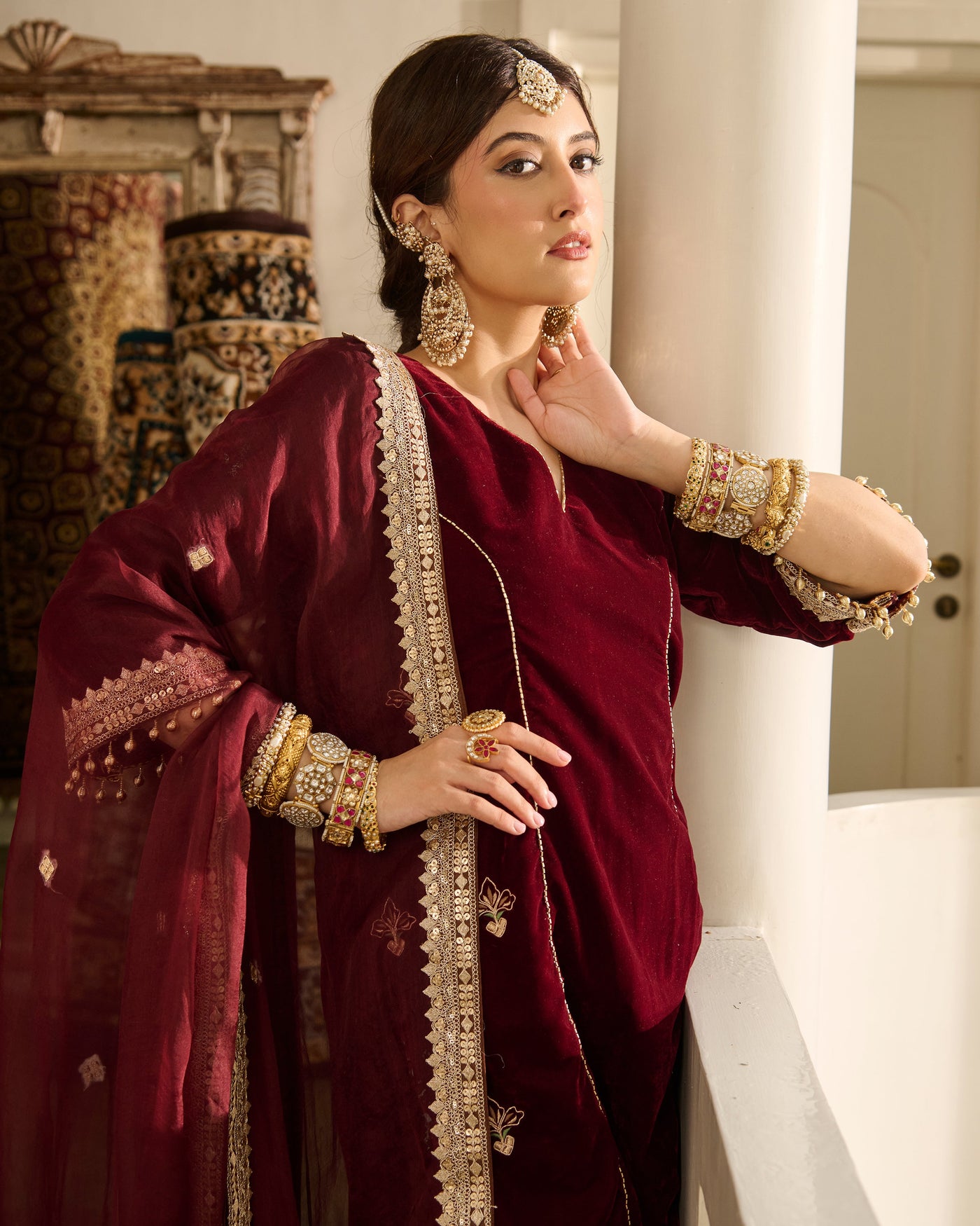Jack Maroon Embroidered Velvet Suit Set