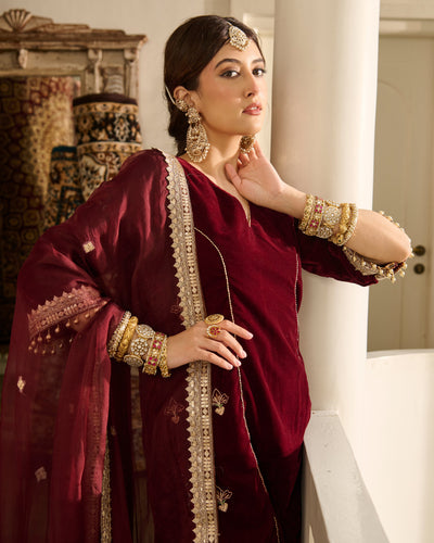 Jack Maroon Embroidered Velvet Suit Set