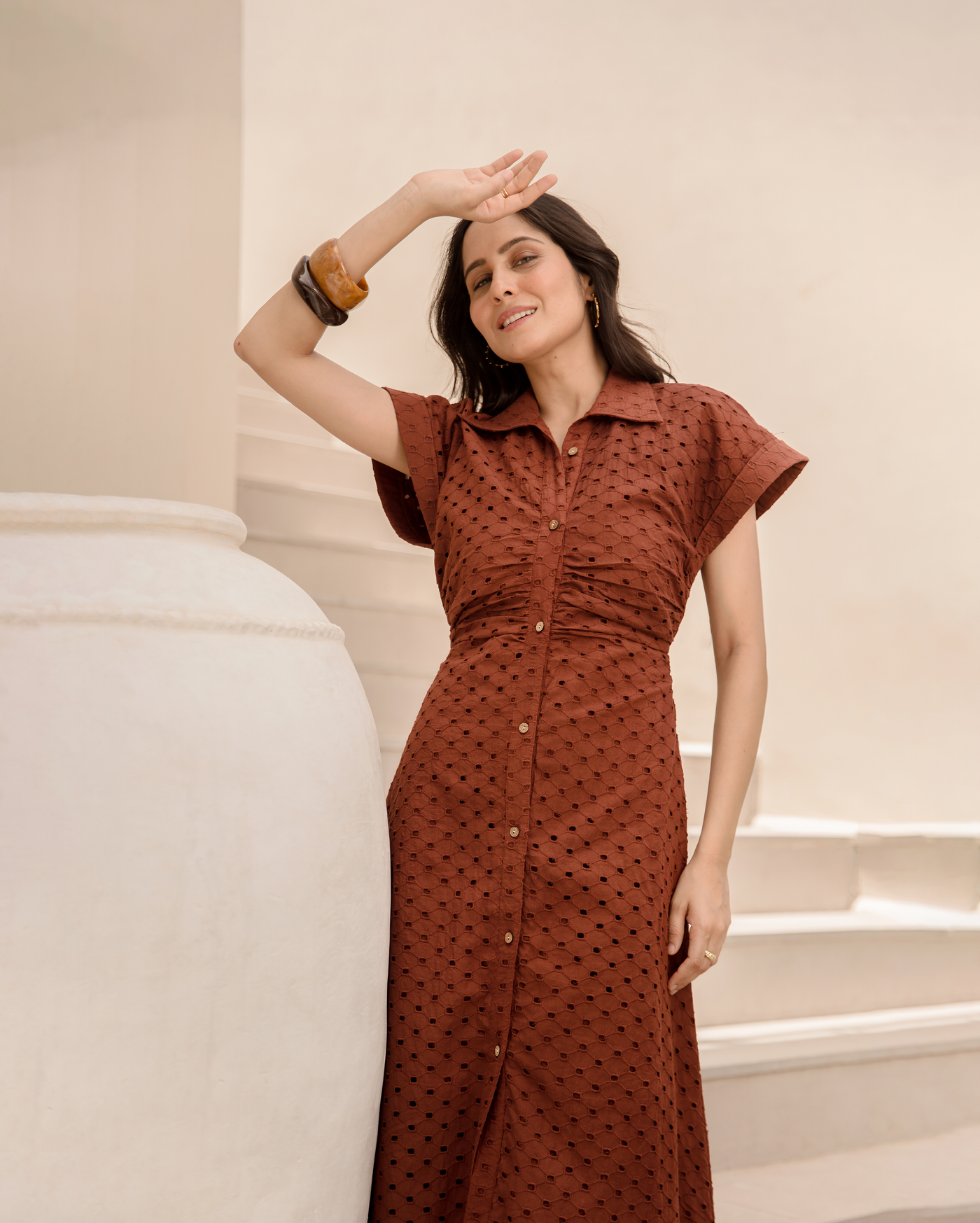 Shop Earthy Brown Cotton Schiffli Dress for Women Online in India at Aachho Shop Earthy Brown Cotton Schiffli Dress for Women Online in India at Aachho