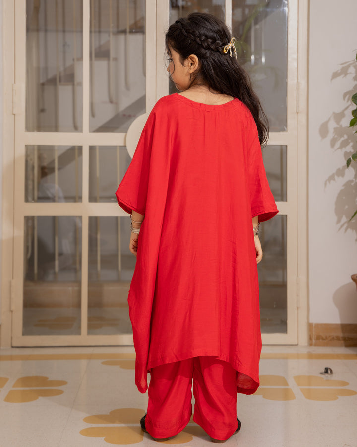 Adora Red Handpainted Muslin Coord Set