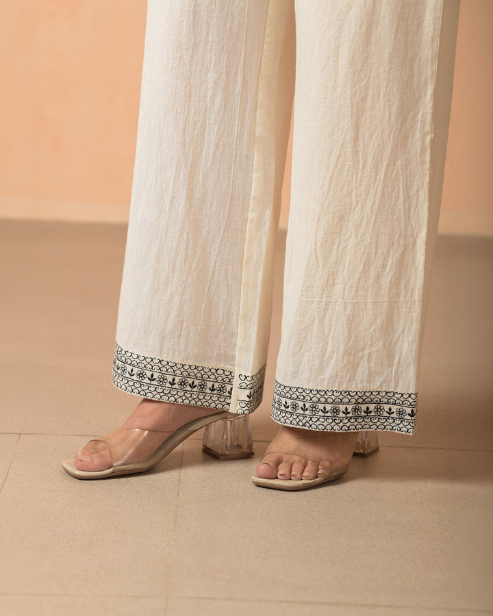Anira Cream Cotton Flex Embroidered Straight Pants