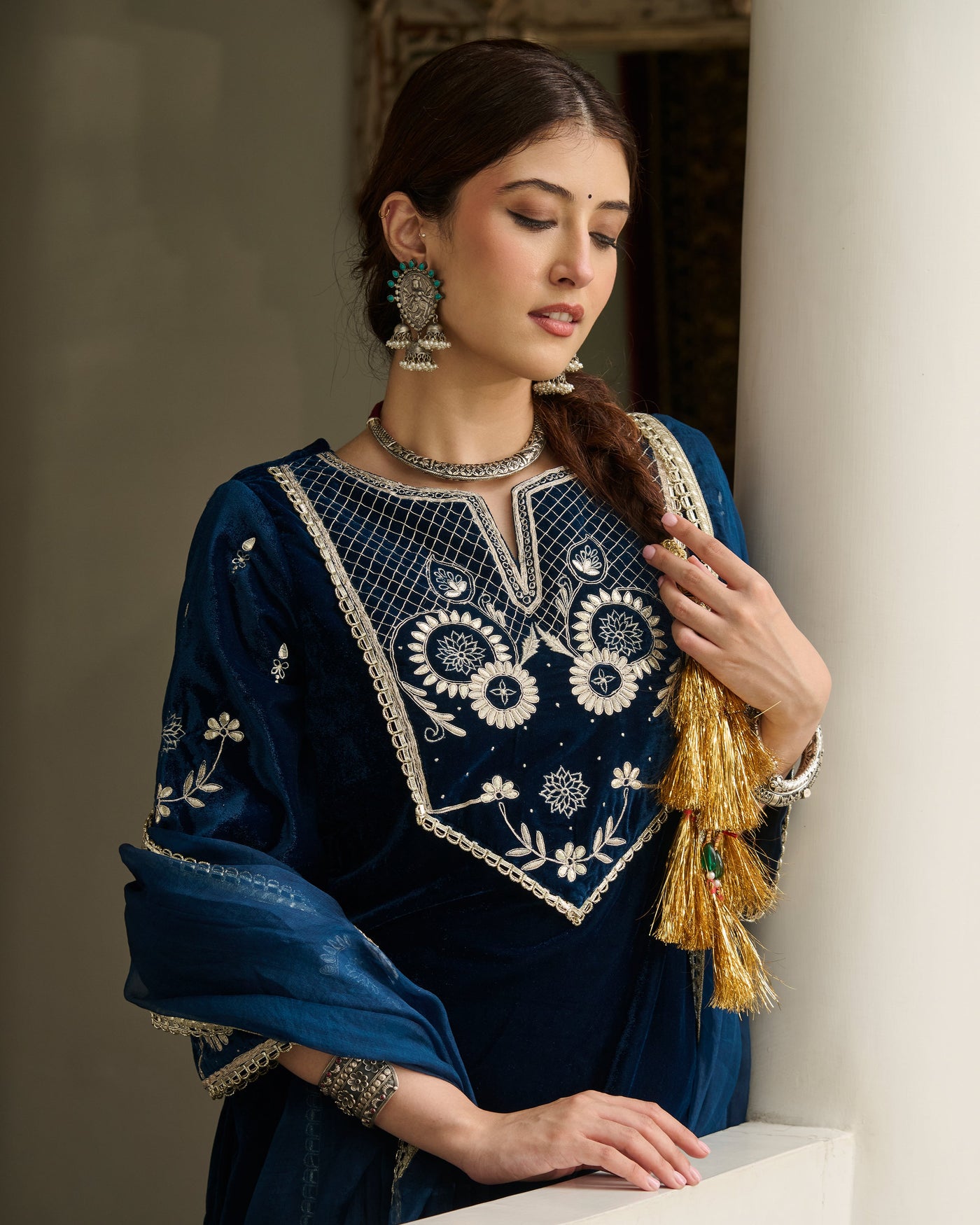 Jai Blue Embroidered Velvet Suit Set