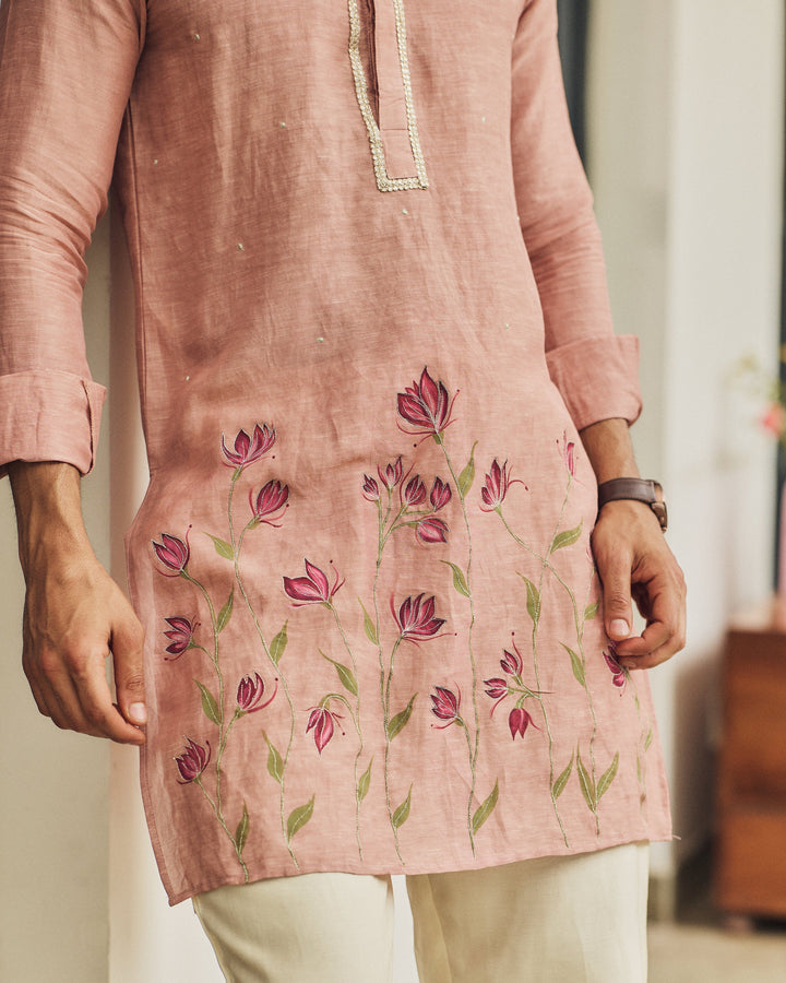 Rishan Peach Handpainted Silk Kurta