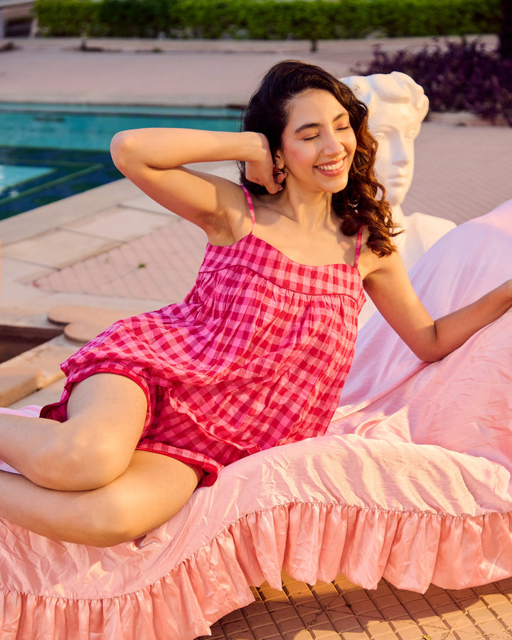 Cara Magenta Cotton Checks Loungewear