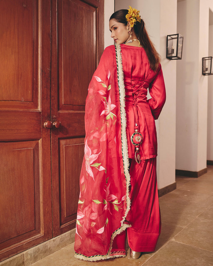 Moon Red Handpainted Satin Farsi Salwar Set