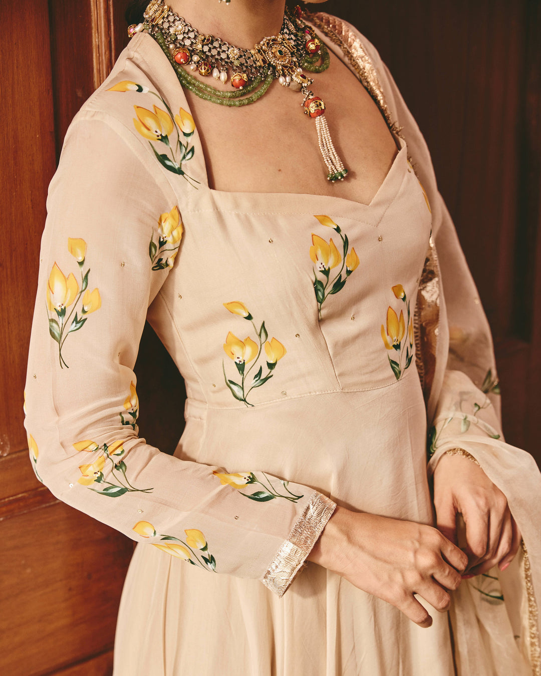 Ayzel Beige Handpainted Viscose Organza Suit Set