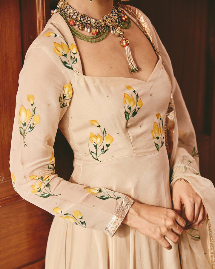 Ayzel Beige Handpainted Viscose Organza Suit Set