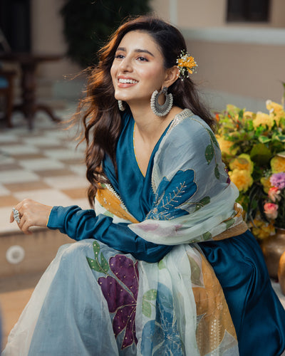 Neelkamal Teal Blue Handpainted Chanderi Suit Set