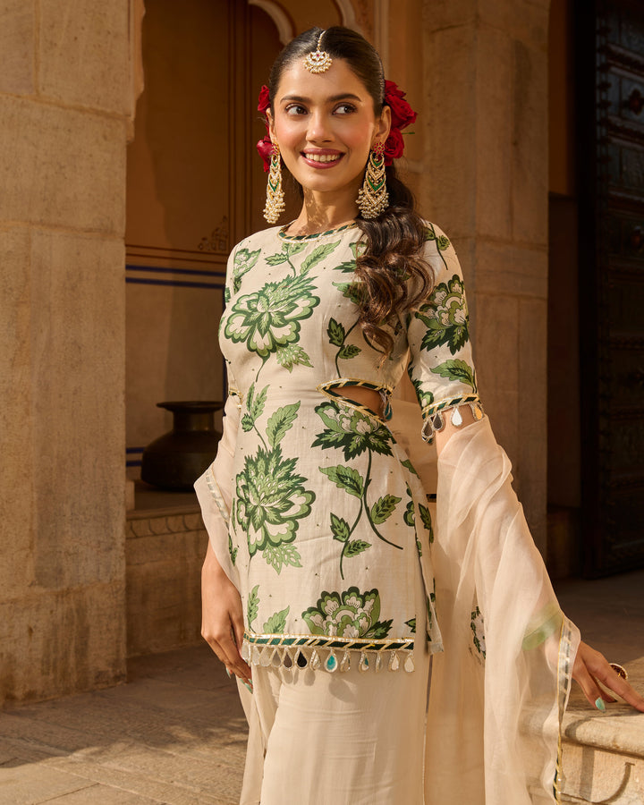 Opal Grey Printed Chanderi Suit Set