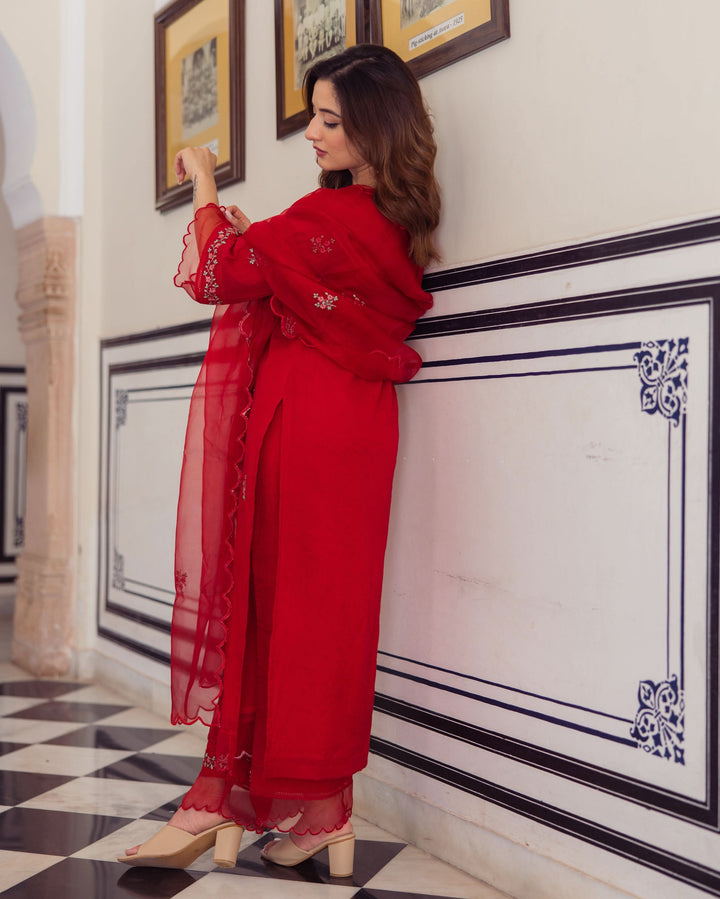 Radhika Red Embroidered Chanderi Suit Set