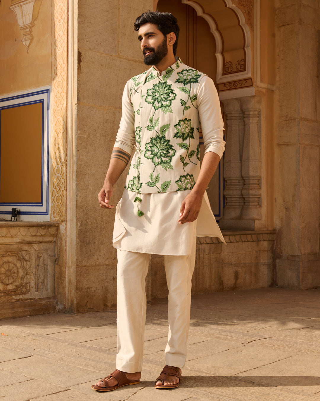 Omkar Grey Printed Chanderi Jacket And Kurta Set