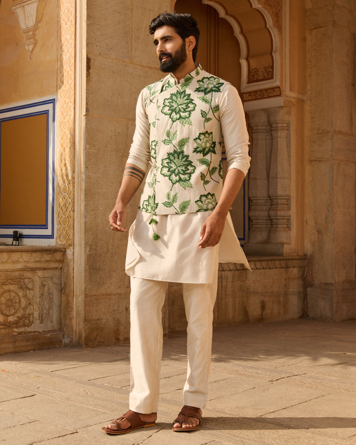 Omkar Grey Printed Chanderi Jacket And Kurta Set