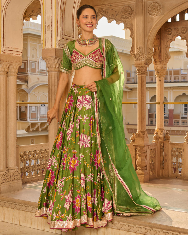 Zara Green Printed Satin Lehenga Set