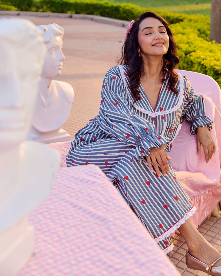 Safari Grey Cotton Stripes Printed Loungewear