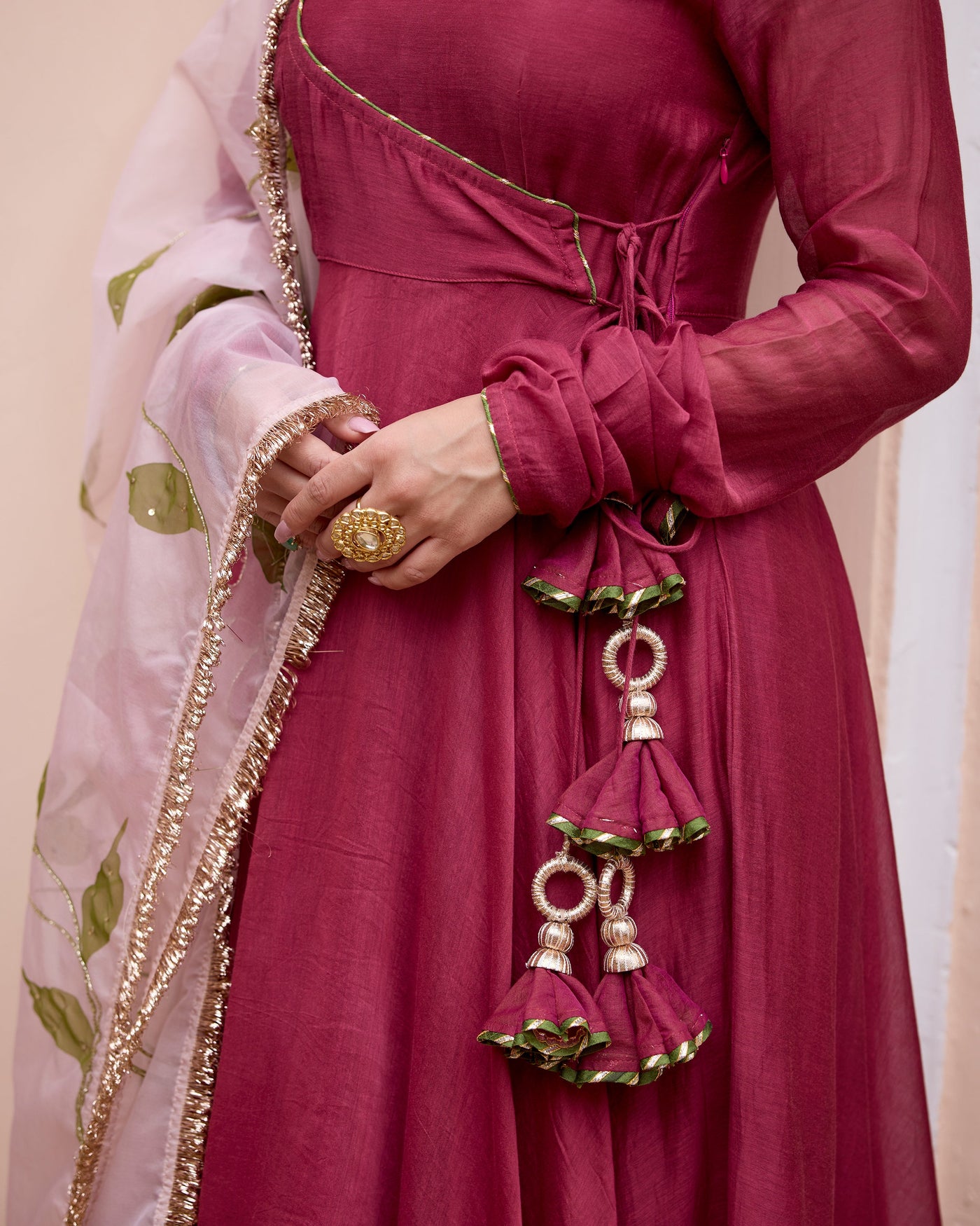 Gulmohar Wine Handpainted Chanderi Suit Set