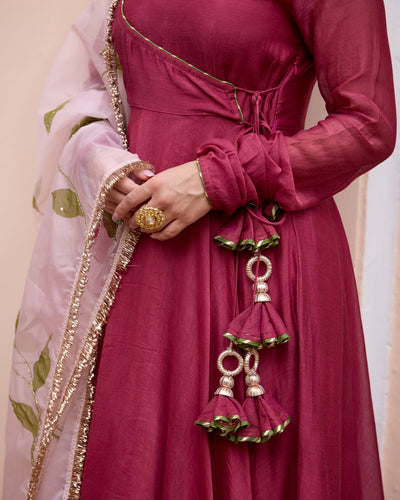 Gulmohar Wine Handpainted Chanderi Suit Set