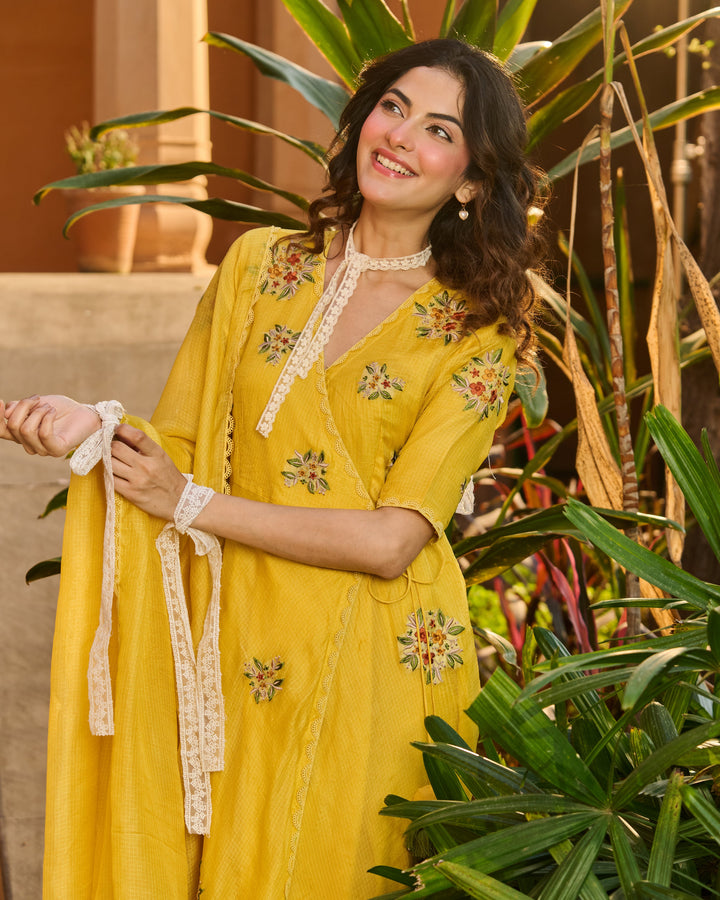 Kesari Yellow Embroidered Doria Suit Set