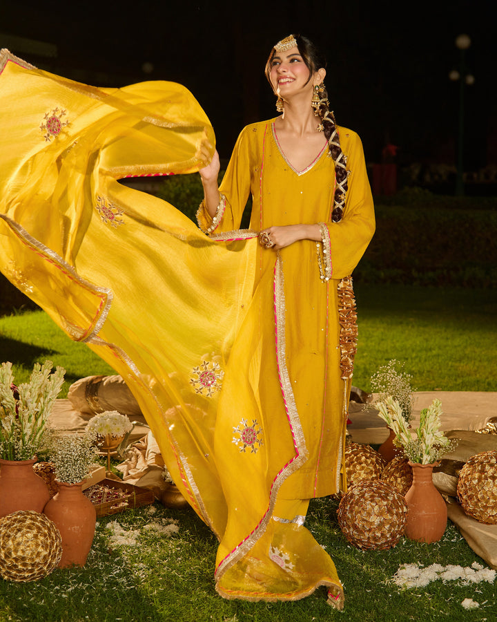 Agnira Mustard Embroidered Chanderi Suit Set