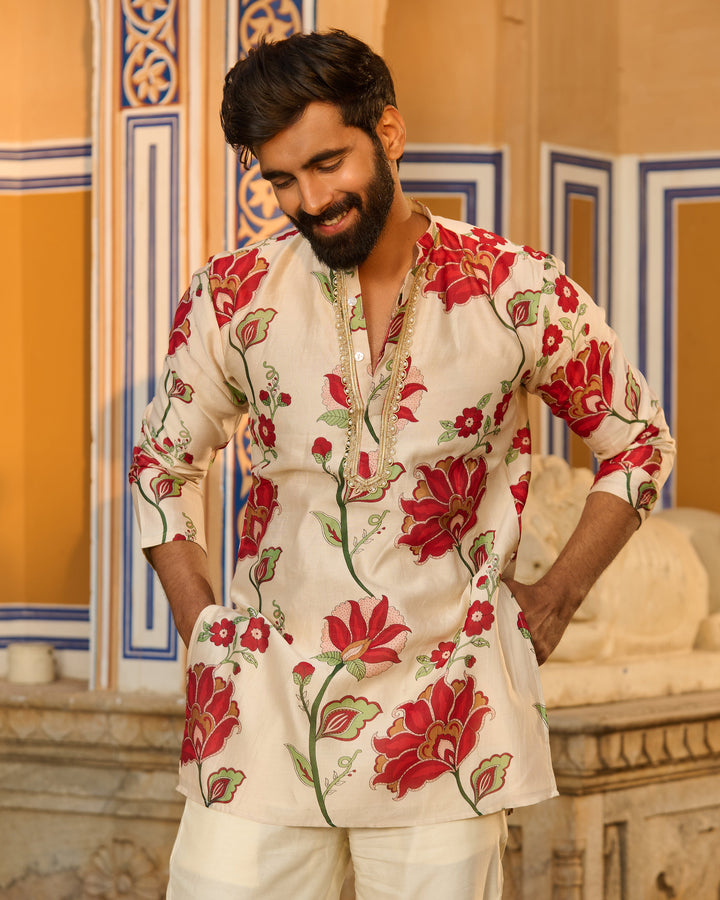 Veer Ivory Printed Chanderi Kurta