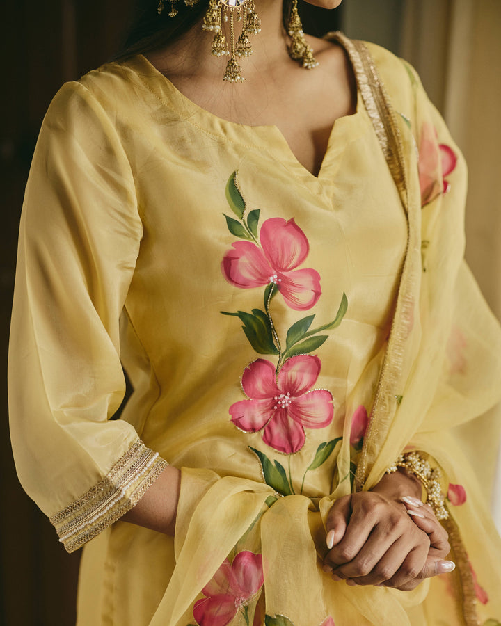 Varnaya Yellow Handpainted Viscose Organza Suit Set