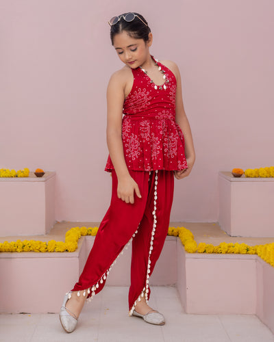 Mrunal Red Bandhani Satin Coord Set