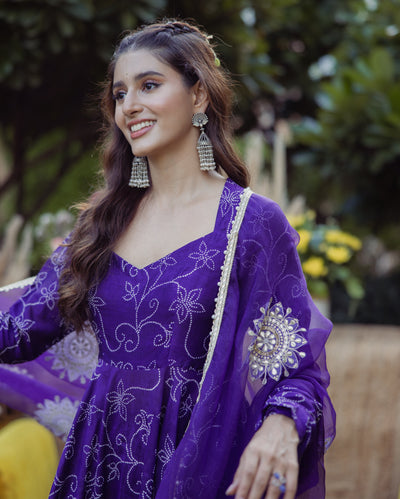 Anuraag Purple Bandhani Muslin Suit Set
