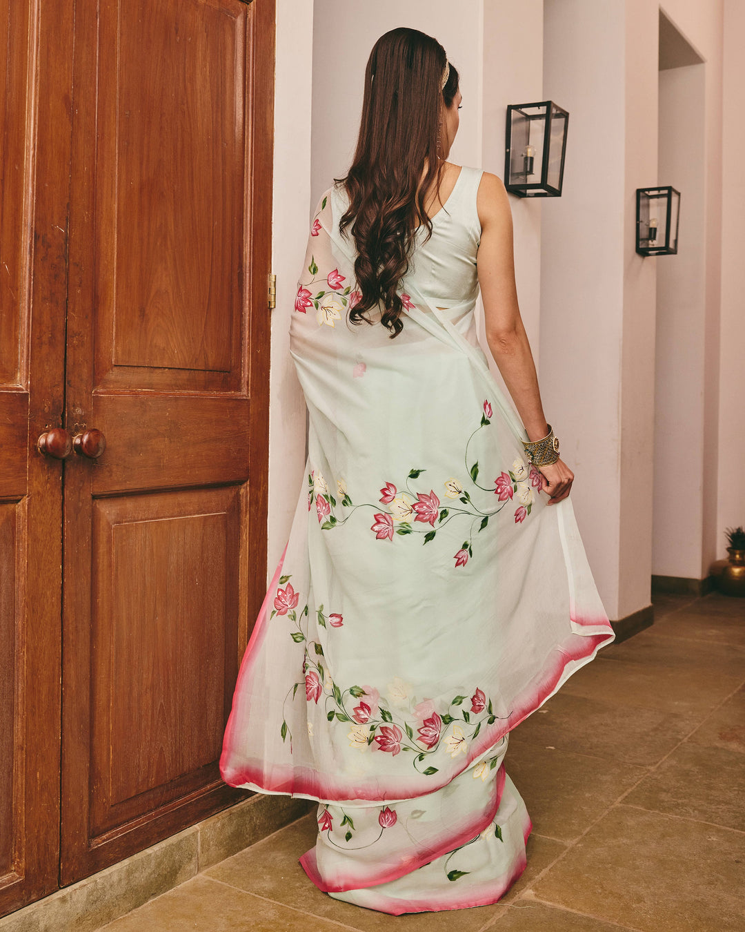 Glabra Sea Green Handpainted Chiffon Saree