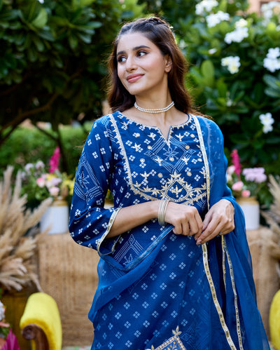 Sargam Blue Bandhani Chanderi Suit Set