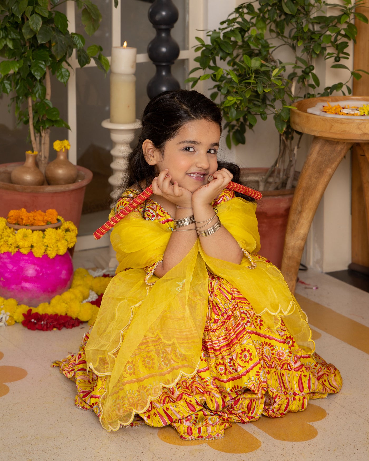 Hipsa Yellow Printed Chanderi Lehenga Set