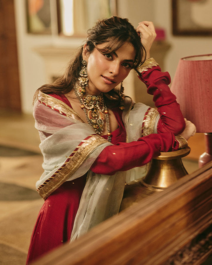 Chitrangi Maroon Handpainted Cotton Checks Suit Set