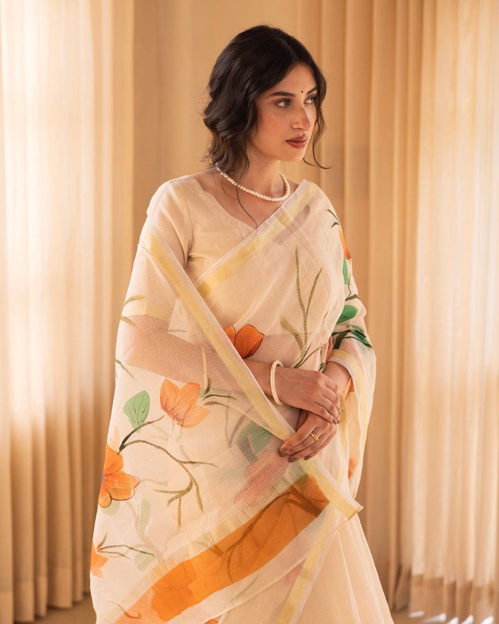 Padmika Beige Doria Handpainted Saree