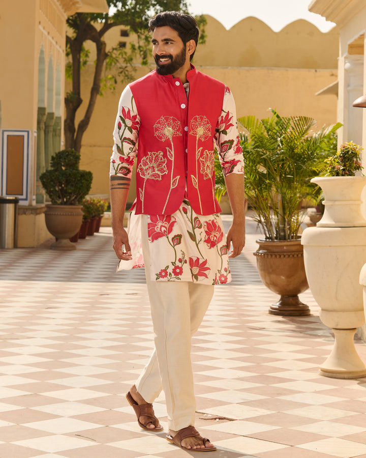Nirav Pink Embroidered Chanderi Jacket And Printed Kurta Set