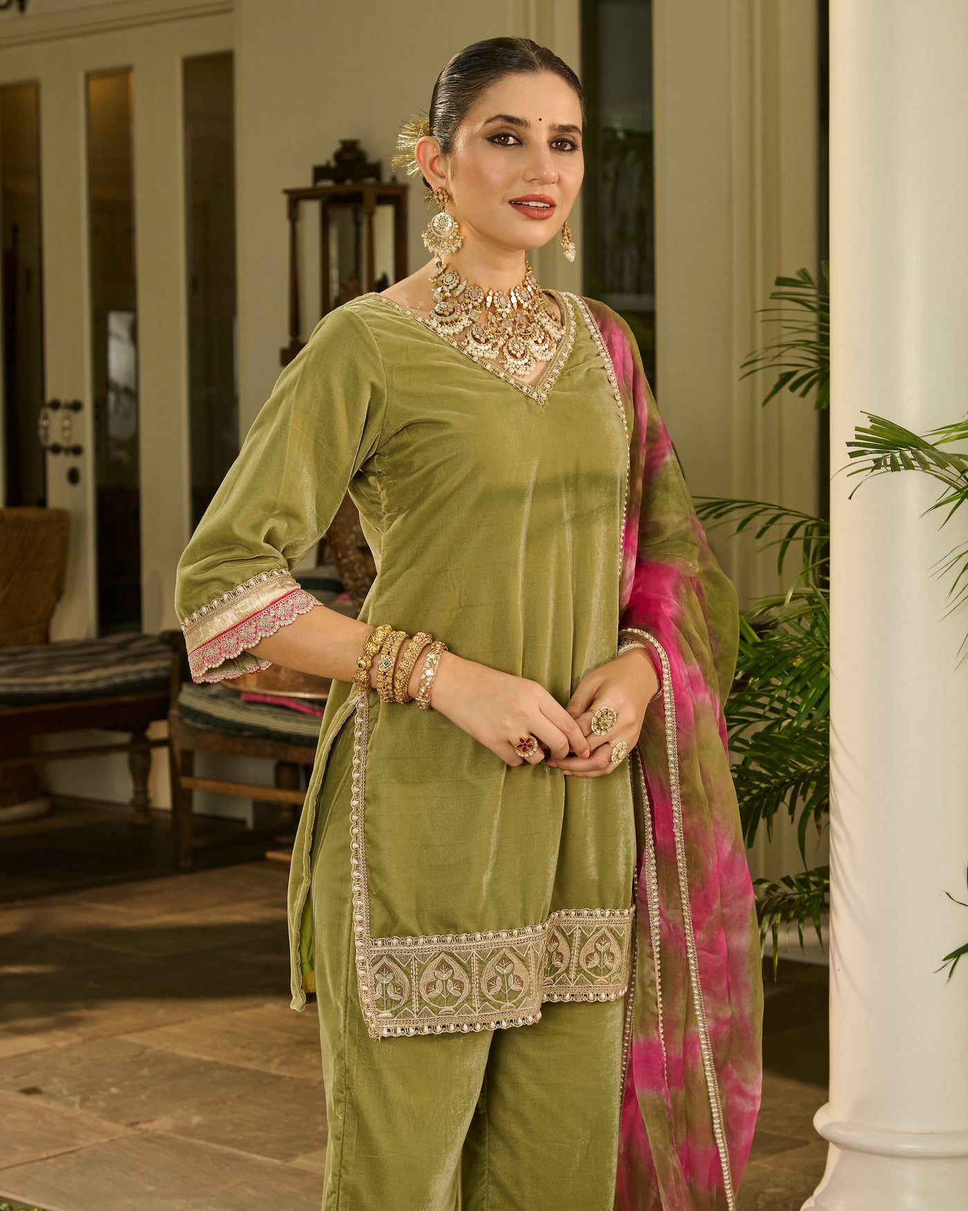 Aja Sage Green Embroidered Velvet Suit Set