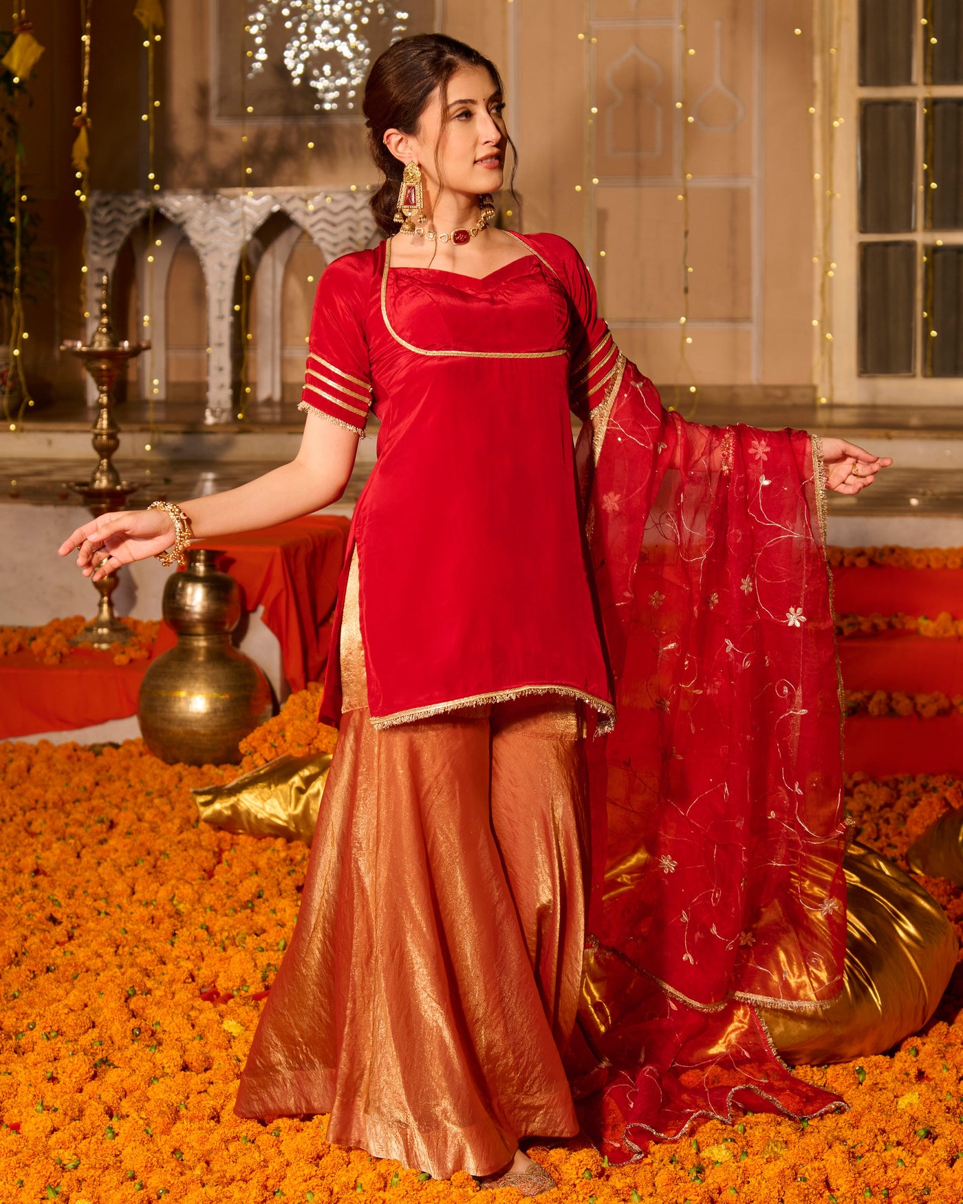 Shubhi Red Solid Satin Sharara Set