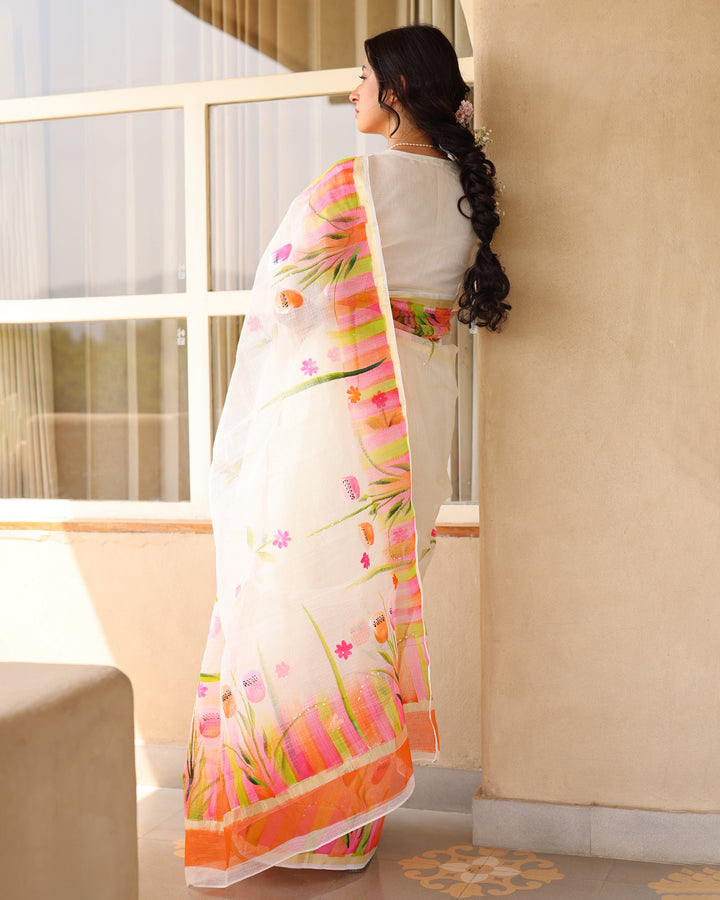 Zarmina White Doria Handpainted Saree