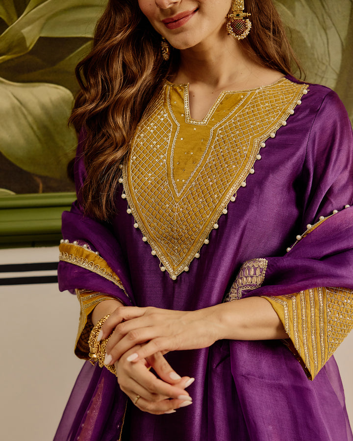 Ambika Purple Embroidered Chanderi Suit Set