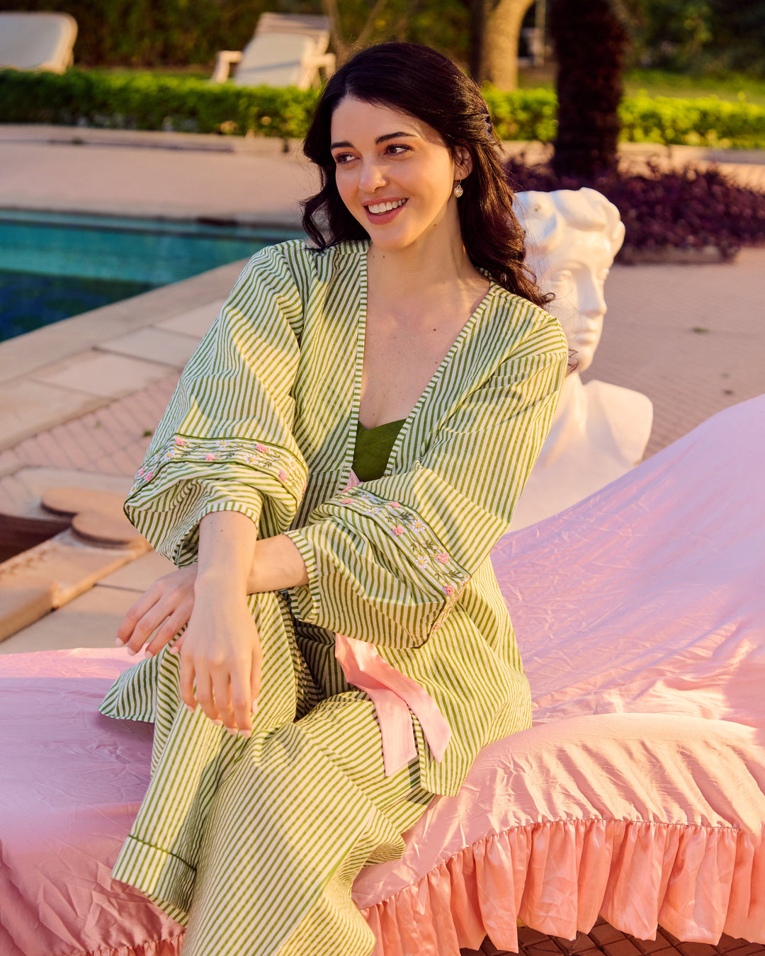 Nina Green Embroidered Cotton Stripes Loungewear