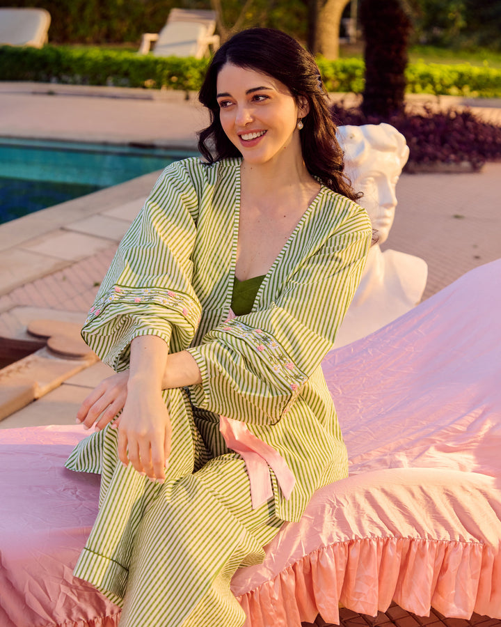 Nina Green Embroidered Cotton Stripes Loungewear